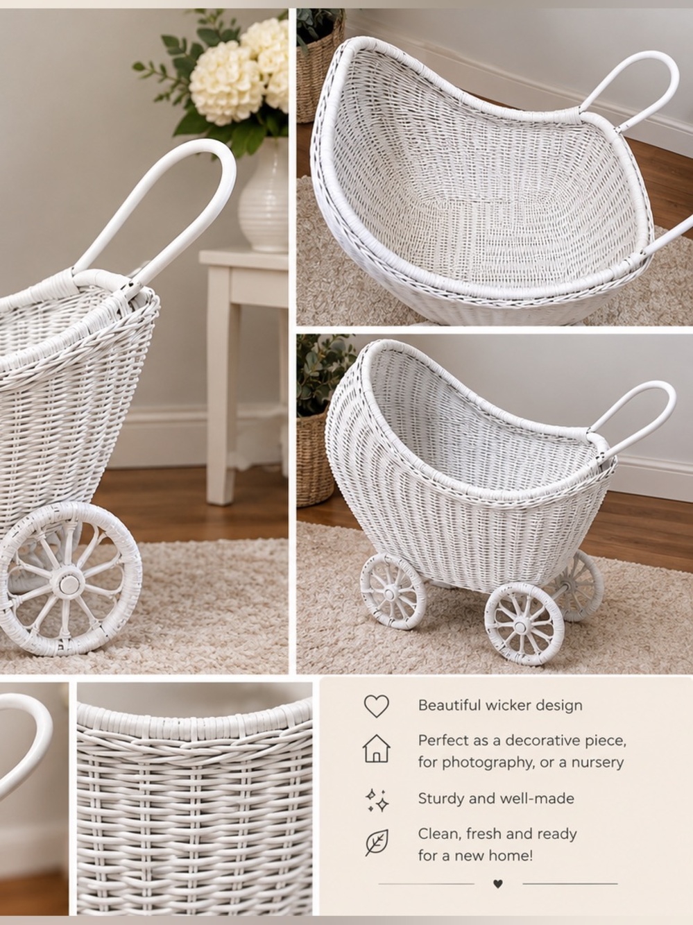 Handcrafted White Wicker Doll Pram by - Picture 3 of 6